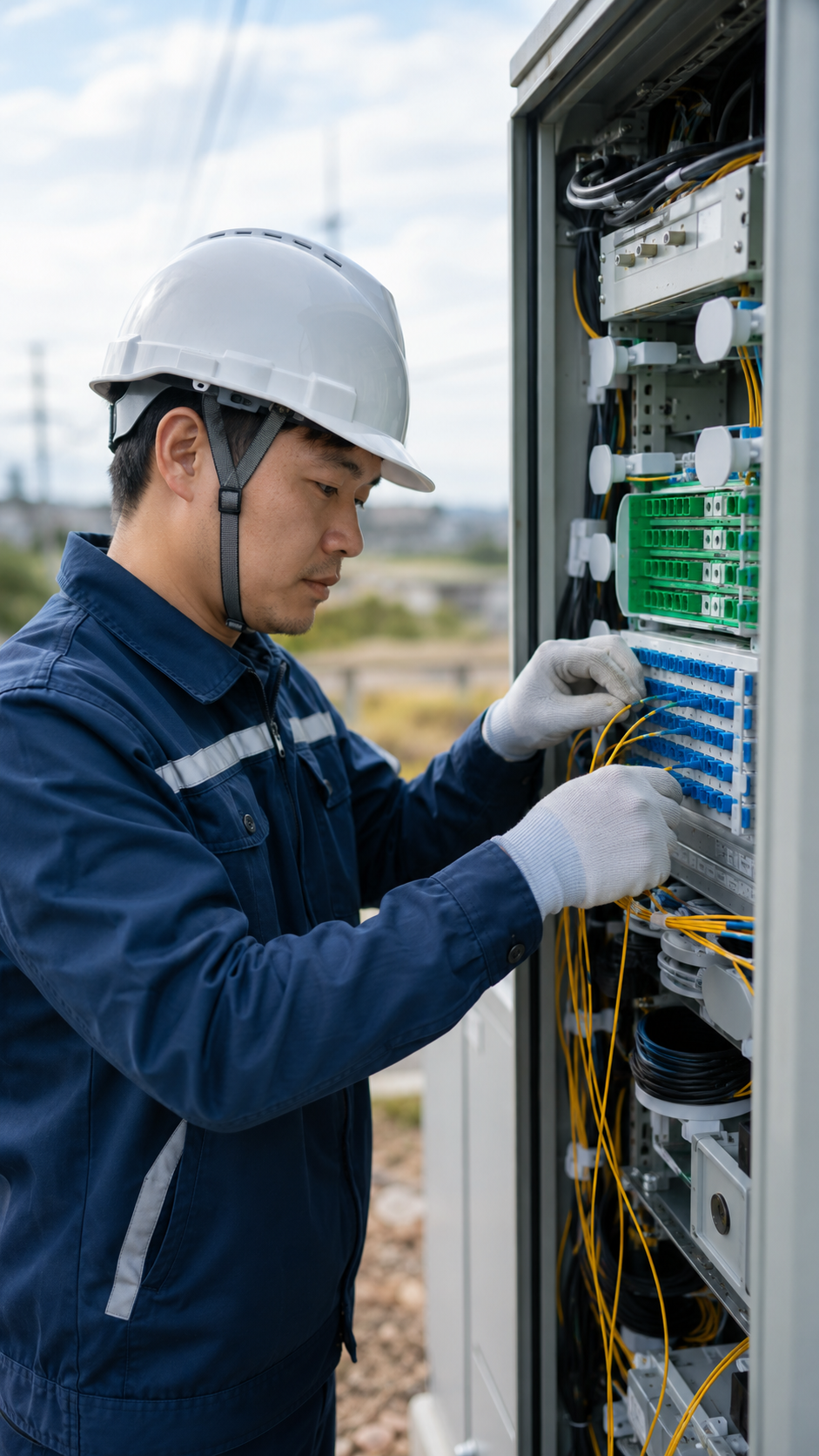 Técnico instalando fibra óptica em campo